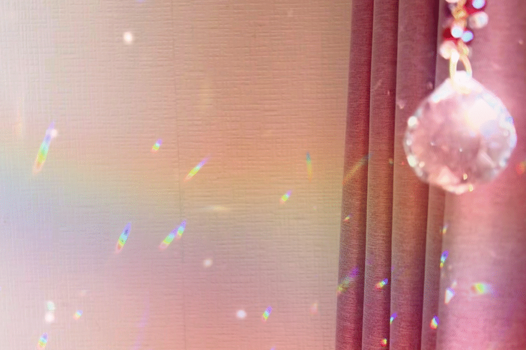 夕方のやわらかな光が部屋に差し込み、壁や床に虹のプリズムが広がる穏やかな空間